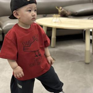 Childrens Short Sleeve T-Shirt Baby Fashionable Red Half Sleeve White Enhancing Male Toddler Casual Top Korean Style Cartoon