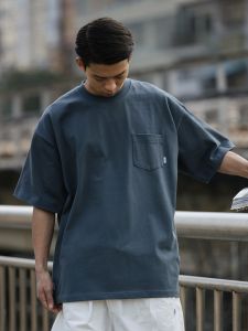 PAXOM Summer Mens T-Shirt Pure Cotton Solid Color Pocket Loose Fit Casual Heavyweight Short Sleeve Fashionable Youthwear