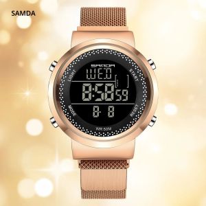 SANDA 383 นาฬิกาข้อมือผู้ชายแบรนด์ดัง แฟชั่นหรูหรา พร้อมระบบเตือนภัยอิเล็กทรอนิกส์ นาฬิกาดิจิตอล LED กันน้ำ 5ATM