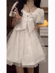 French Style White Butterfly Knot Dress Womens Summer High Waist Puffy Short Skirt Princess Sweet Splice Bubble Sleeve A-Line Dress