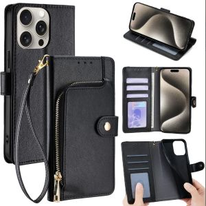 Zipper Wallet Phone Case for iPhone 15 14 13 12 11 XS Pro Max 8 7 6S 6 Plus XR X SE3 Flip Cover Leather Case Lanyard Card Slots