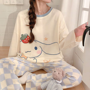 Adolescent Girls Long Sleeve Pajamas Set Cartoon Print Cotton Comfortable Sleepwear for Middle School And High School Students