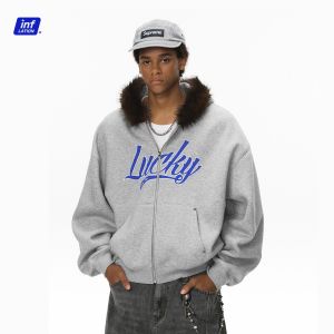 INFLATION Brand Mountain Carving Hoodie Jacket 2025 Winter New Product Hoodie Embroidered Plush Collar Boxy Short Hoodie