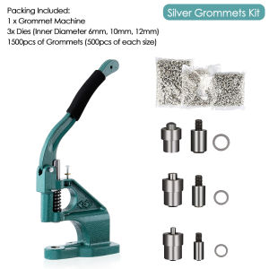 Manual Grommet Eyelet Machine DIY Hand Press Leathercraft Sewing Pressing Punch Tool with 6/10/12mm Dies+1500pcs Grommets