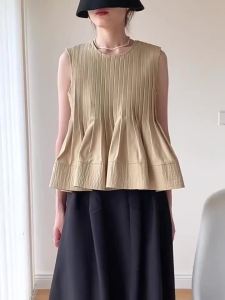 XITAO Sleeveless Pleated Shirt Solid Color  Simplicity O-neck Collar Temperament Top Summer All-match  HQQ0236