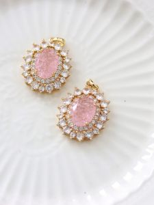 จี้รูปดอกไม้เพชรเซอร์โคเนียสีชมพูและเขียว ต่างหู เครื่องประดับตกแต่งผมสไตล์โบราณ อุปกรณ์ทำเครื่องประดับ DIY