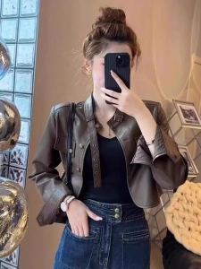 Spring Autumn 2025 New Style Small Size High-End Beauty Short Leather Jacket Womens Outerwear Fashionable Commute Long Sleeve