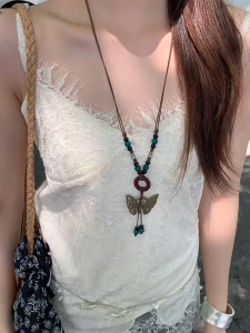 Retro Bohemian Butterfly Beaded Necklace Boho Vintage Turquoise Long Ethnic Pendant Necklace Sweater Chain Fashion Clothing Accessories