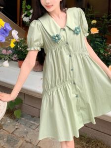 plus Size French Style Dress Womens Summer New Bubble Sleeve Color Block Gored Doll Collar Sweet Blouse Dress Polyester Cotton Blend Short Sleeve Midi Skirt Single Button Closure High Waist