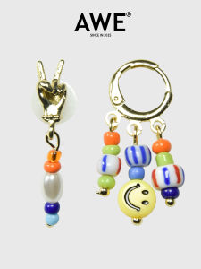 AWE Smile Face Colorful Pearl Womens Earrings Celebrity Rock Crystal Bead Hoops Fresh out Fashion Jewelry Korean Style