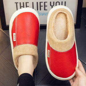 Leather Slippers Men and Women Couple Winter Indoor Home Non Slip Pure Cowhide Home Heattech Waterproof Thick-Soled Cotton Slippers