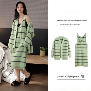 Miiow | Thickened Half-Flannel Coral Fleece Womens Sleepwear Set Warm Home Clothes Nightgown Robe Three-Piece Set Sweet Style For Youth