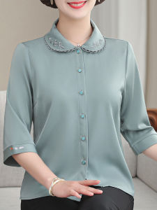 Elegant Embroidered Shirt Three Quarter Sleeve Womens Fashion Summer Wear for Middle Aged And Elderly Mothers Polo Collar Open Cardigan