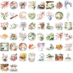 50 Pcs Cartoon Watercolor Chinese Style Stickers Transparent PET Waterproof Journal Supplies for Guitar Notebook Laptop Gift