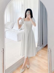 Elegant White Evening Dress French Style Short Sleeve Midi Dress Wedding Engagement Party Wear Slim Fit Casual White Dress