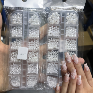 12Grids 3D White Pearls Nail Art Charms 0.15-0.5cm Round/Semicircle Pearl Nail Rhinestones Decor DIY Crafts Manicure Accessories