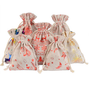 10pcs/lot Linen Christmas Cotton Bags  10x14 13x18cm Candy Gifts Jewelry Packaging Bags Drawstring Gift Bag & Pouches