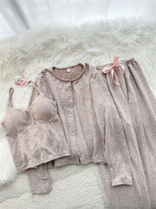 Bộ Đồ Ngủ Cotton Nguyên Chất Mùa Thu Đông Cho Nữ Bộ Đồ Ngủ Dài Tay Cổ Chữ V Có Đệm Ngực Bộ Đồ Ngủ Lông Cừu Phong Cách Ngọt Ngào