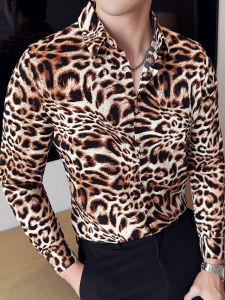 เสื้อเชิ้ตผู้ชายลายเสือดาว แขนยาว ทรงสลิมฟิต ทรงลำลอง แฟชั่นฤดูใบไม้ร่วง 2025 ใหม่ เสื้อเชิ้ตผู้ชายที่สวมใส่สบาย