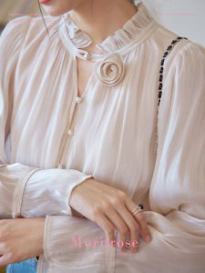 Moriirose Pink Floral Pleated V-Neck Long Sleeve Womens Shirt Autumn French Vintage Style Classy Top Straight Cut Bubble Sleeve