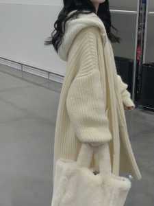 Korean Style Thickened Lamb Fur Long Sleeve Hooded Open Cardigan Womens Loose Lazy Soft Outerwear Winter Knitted Sweater Coat