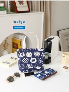 Small and Medium Blue Flower Cat Hand Carrying Thick Canvas Bag Handbag Female Casual Zipper Cute Large Capacity Mobile Phone Bag