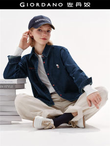 Snoopy Collaborative Edition Loose Long Sleeve Embroidered Pocket Denim Shirt Womens Classic Fit Jeans Style Casual Shirt