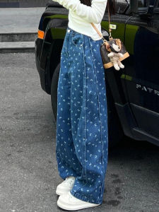 Quần Jeans Ống Rộng Cạp Cao in Hoa Xanh Denim Quần Dài Ôm Dáng Mùa Xuân 2025 Quần Dài Ôm Dáng Thường Ngày Cho Nữ