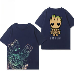 Marvel Guardians of The Galaxy 3 Rocket Marvel Joint เสื้อยืดเสื้อผ้า Groot Big Tooth Board แขนสั้นผ้าฝ้ายแท้ Trend Casual