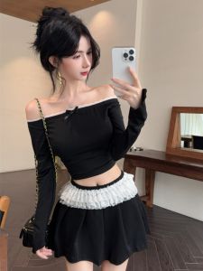 GUZILIAN | Váy ngắn cạp cao họa tiết bướm đen trắng gợi cảm cho nữ mùa thu áo cổ chữ V ren quần short ngắn váy ngắn mùa thu