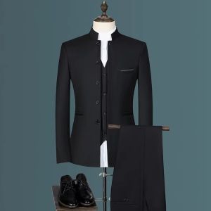 Stand Collar Men Blazer Vest Pants Formal Mens Wedding Suit Jacket Coat Trousers Waistcoat High Quality Slim Fit Men Dress Set