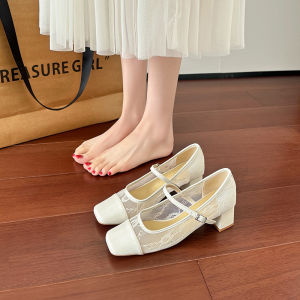 Silver Leather Mary Janes Womens Shoes Summer Mesh Breathable Thick Heel Upgraded Version Chinese National Style Slip-On Footwear