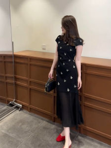 QINGMUZI | Đầm MESH Thêu Đen Elegent Giảm Cân