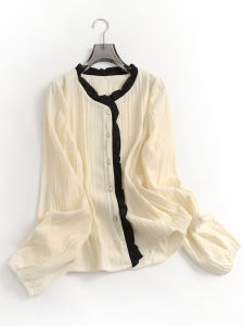 เสื้อเชิ้ตผู้หญิงคอปกบุลลี่แขนยาวสไตล์ฝรั่งเศส ทรงหลวม ทรงเข้ารูป ทรงตรง ผ้าโพลีเอสเตอร์ 100% ฤดูใบไม้ร่วง 2024