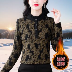 เสื้อเชิ้ตคอปกสูงแบบหนาปักลูกไม้สำหรับผู้หญิง เสื้อชั้นในฤดูใบไม้ร่วง/ฤดูหนาว ทรงเข้ารูป แขนยาว ปกติ คอตั้ง สไตล์ทำงาน