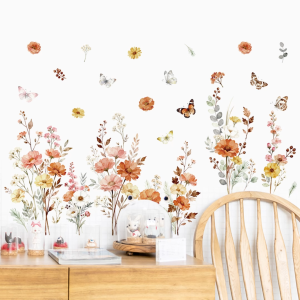 Decal Dán Chân Tường Hoa Cỏ Tone Cam Có Keo Sẵn 105x73cm - Trang Trí Nhà Chống Bẩn Chân Tường