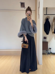 XUECAIQI | Korean Style Winter Knit Outfit High Waist Wide Leg Pants Skirt Two-Piece
