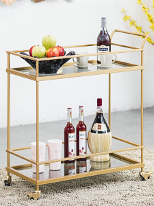 Scandinavian Retro Iron Art Dining Car Drinks Trolley Hotel Restaurant Movable Servicer Golden Sideboard Cabinet Wine Glass Holder