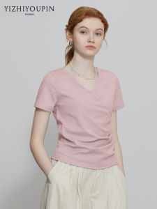 French Design Cross V-Neck Waist-Cinching Short T-shirt