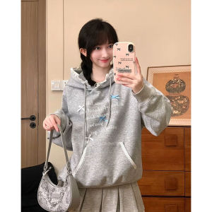 Loose Long Sleeve Hoodie Womens Lace Trim Splice Butterfly Knot Letter Print Casual Outerwear Top Korean Style Street Fashion