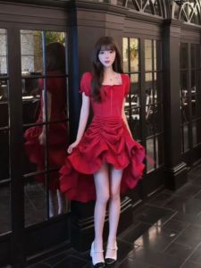 CHANGTONG | Irregular Red Cake Style Dress