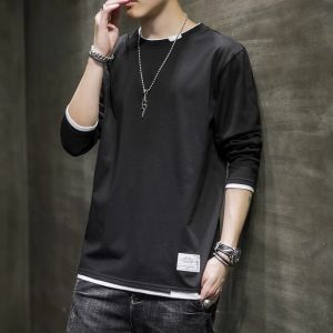 ROMON | Lormen Mens Long Sleeve T-Shirt Pure Cotton Round Neck Base Shirt Spring Autumn Fashion Urban Style Antibacterial Standard Fit