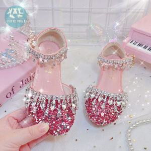 Red Crystal Dress High Heels Chunky Heel Performance Princess Girls Shoes Childrens Leather Shoes New 2025 Princess Style