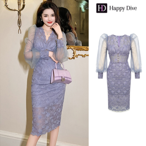 Happy Diva เดรสผู้หญิง เดรสสีเขียว สีม่วง เดรสแขนยาว เดรสลูกไม้ เดรสไฮโซ เดรสออกงาน เดรสไปงานแต่ง เดรสเซ็กซี่ 20269