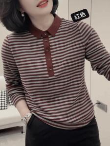 Retro Striped Long Sleeve Shirt Knitwear Fall and Winter New Arrival Mommy Thin Fashion Shirt Western Style Versatile Top Women