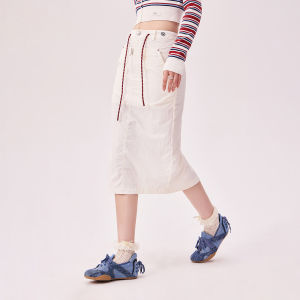 Chuu Drawstring Asymmetrical Half Skirt Womens New Design Splicing Sweet And Cool Mid-Length Skirt Korean Style Commute