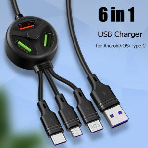 6 in 1 Multi Function USB Charger Station USB Hub for Fast Charging Data Transmission with iOS Micro USB Type C Charging Cable Wall Charger for iOS Android Mobile Phones