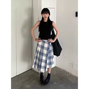 American Retro  Blue Checkered One-Piece Pleated Summer Midi Skirt Women Adjustable Slimming Skirts Korean Style Asymmetric