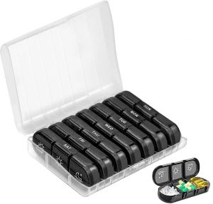 Weekly 21/3 Grids Pill Box Medicine Organizer Black Plastic Storage Box Container Portable Pill Case