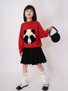 เสื้อสเวตเตอร์ผ้าขนสัตว์ 100% สำหรับเด็กผู้หญิง ลายแพนด้า สีแดง เสื้อผ้าเด็กฤดูใบไม้ร่วง/ฤดูหนาว สวมใส่สบาย ลำลอง